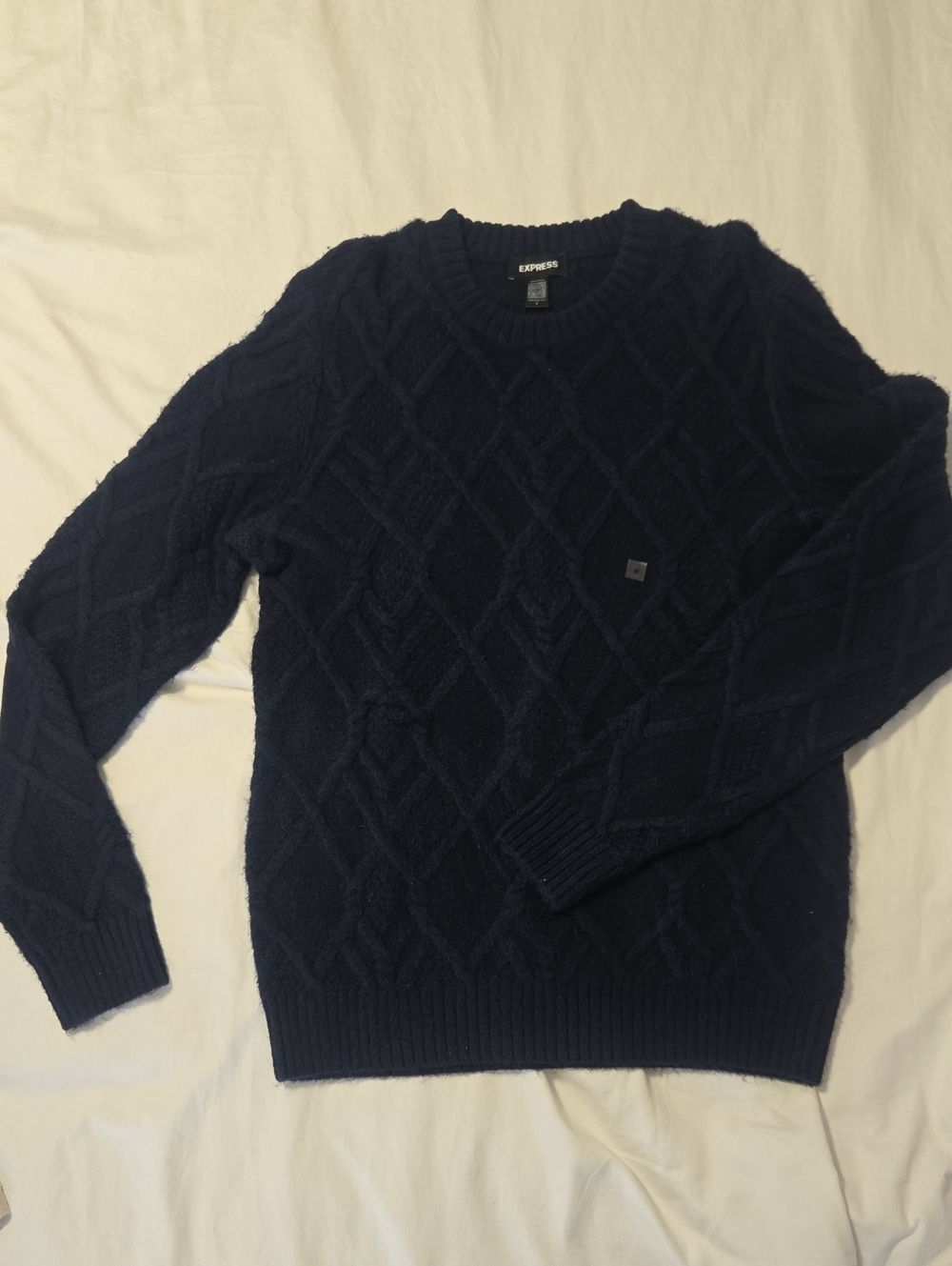 Express Men’s Navy Cable Knit Crewneck Sweater